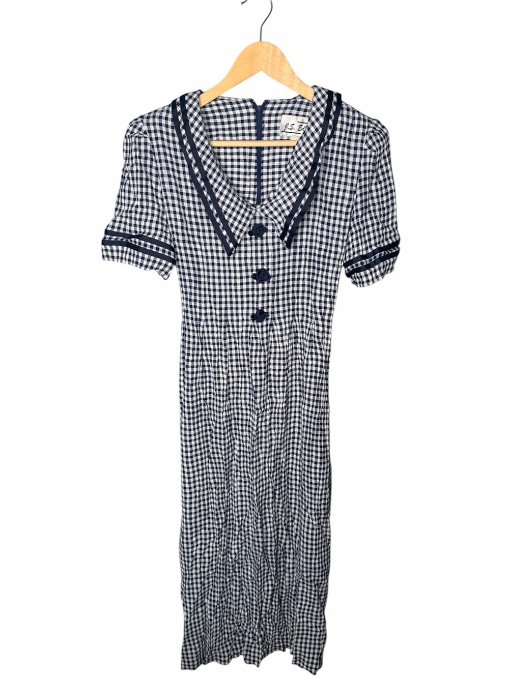 J.S. Edward Vintage 90s Navy Gingham Prairie Rosette Collar Midi Dress - Picture 2 of 12